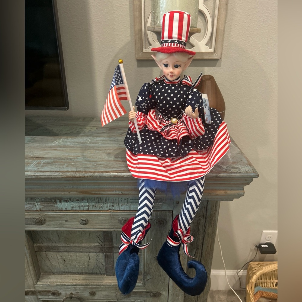 Cynthia Rowley Patriotic LARGE Elf Doll with Flag 4th of July